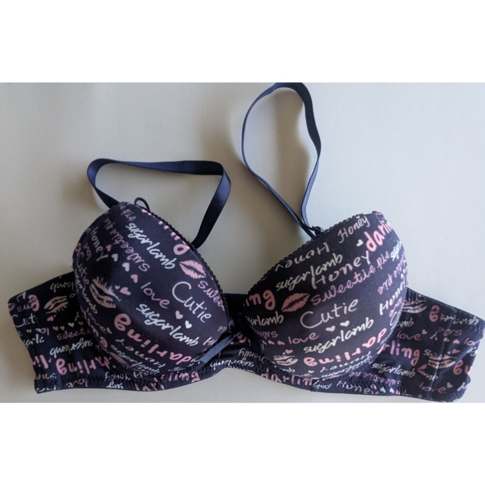 Navy Graffiti Print Push-Up Bra 85B (34B) Sugarlamb Sweetie Darling Text
